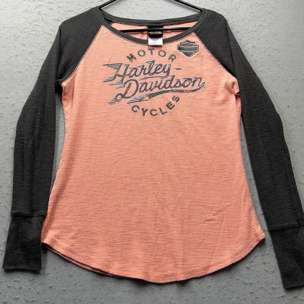 Harley Davidson Womens Small Peach Grey Thermal Raglan Las Vegas Waffle Knit Tee